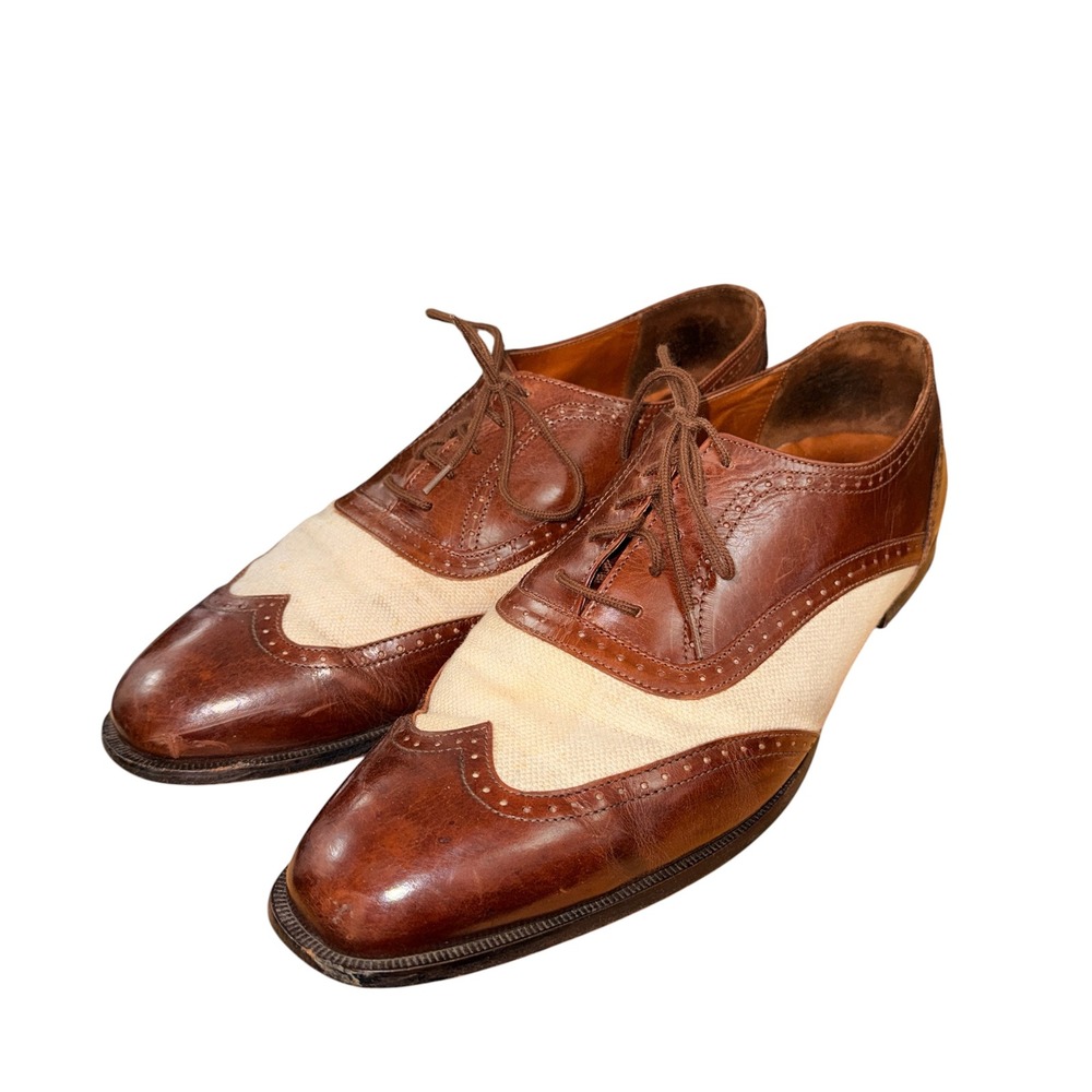 Vtg. San Remo Wingtip Oxford Mens 13M Pre-Owned Dress Shoe Brown Leather Canvas - Picture 10 of 16